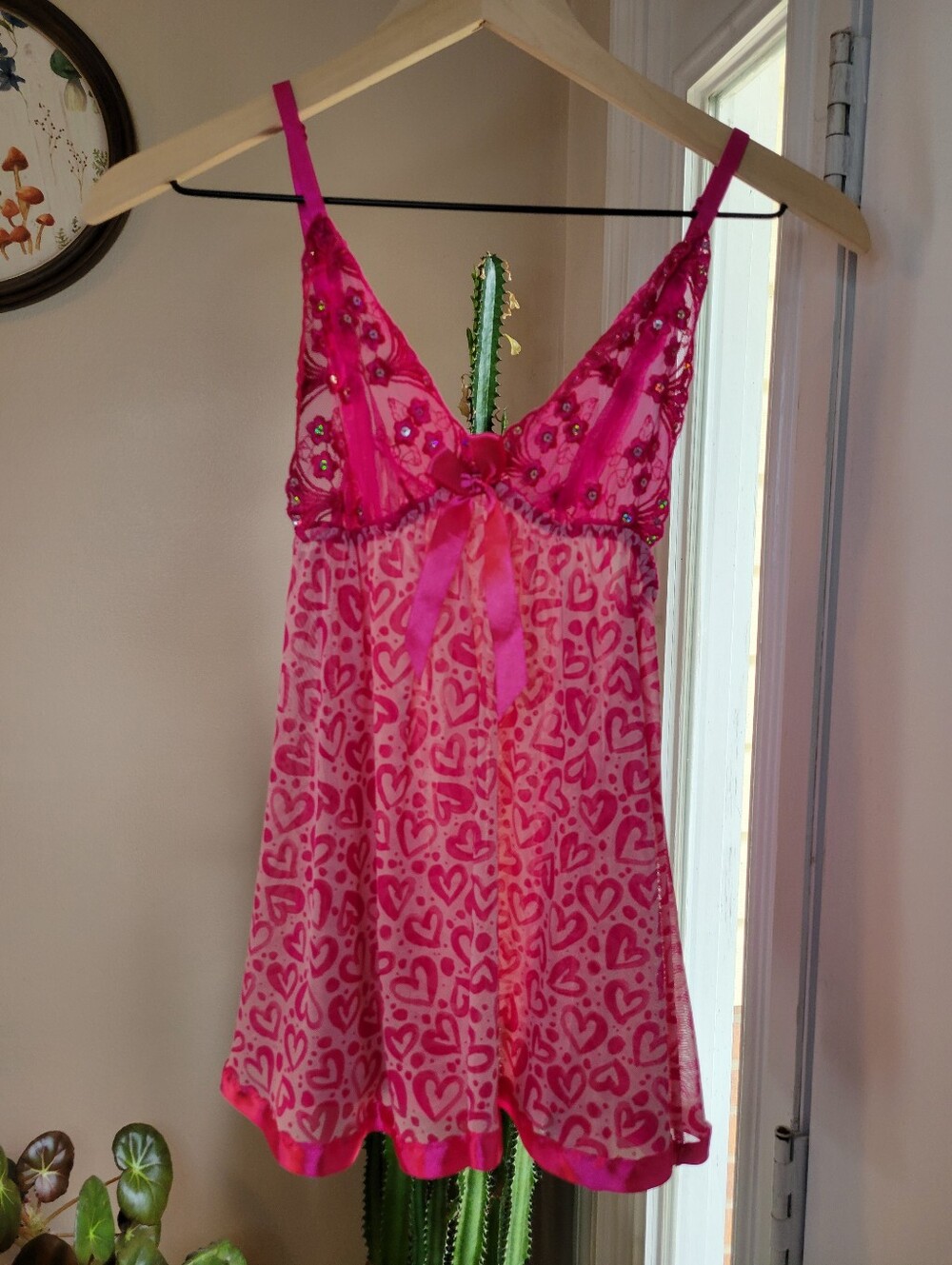 Y2K Babydoll Chemise‎ Pink Heart Sequin Sheer Lacey Top, Size Womens Small